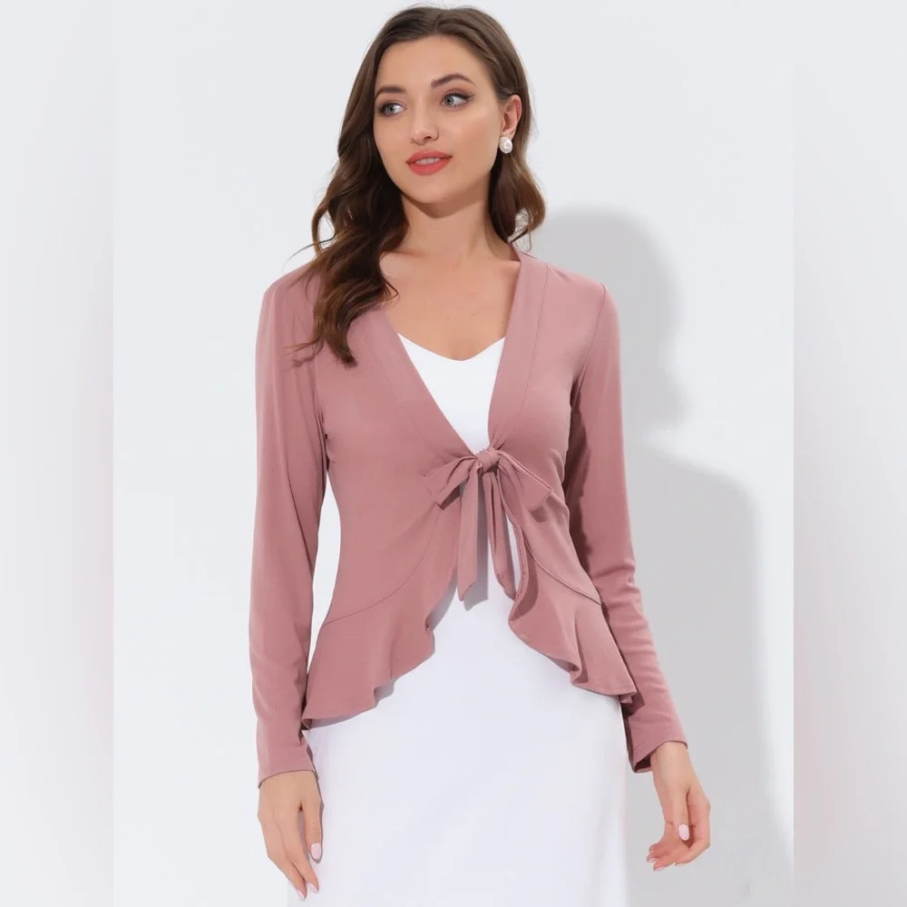 Women's Tie Front Knit Ruffled Long Sleeve Open Cardigan - Picture 1 of 13